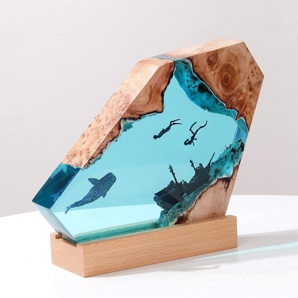 Shipwrecked Shark Whale Marine Art Ornament Solid Wood Resin Night Lights - Image 3