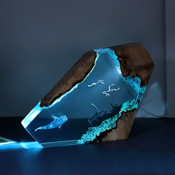 Shipwrecked Shark Whale Marine Art Ornament Solid Wood Resin Night Lights - Image 2