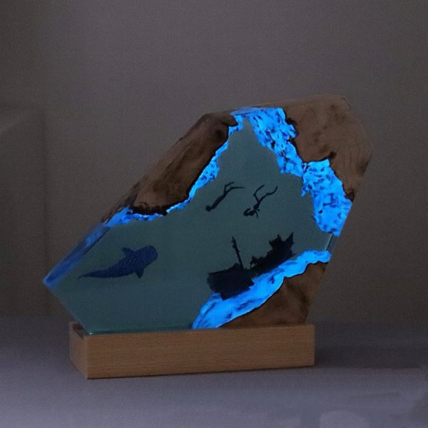 Shipwrecked Shark Whale Marine Art Ornament Solid Wood Resin Night Lights - Image 5